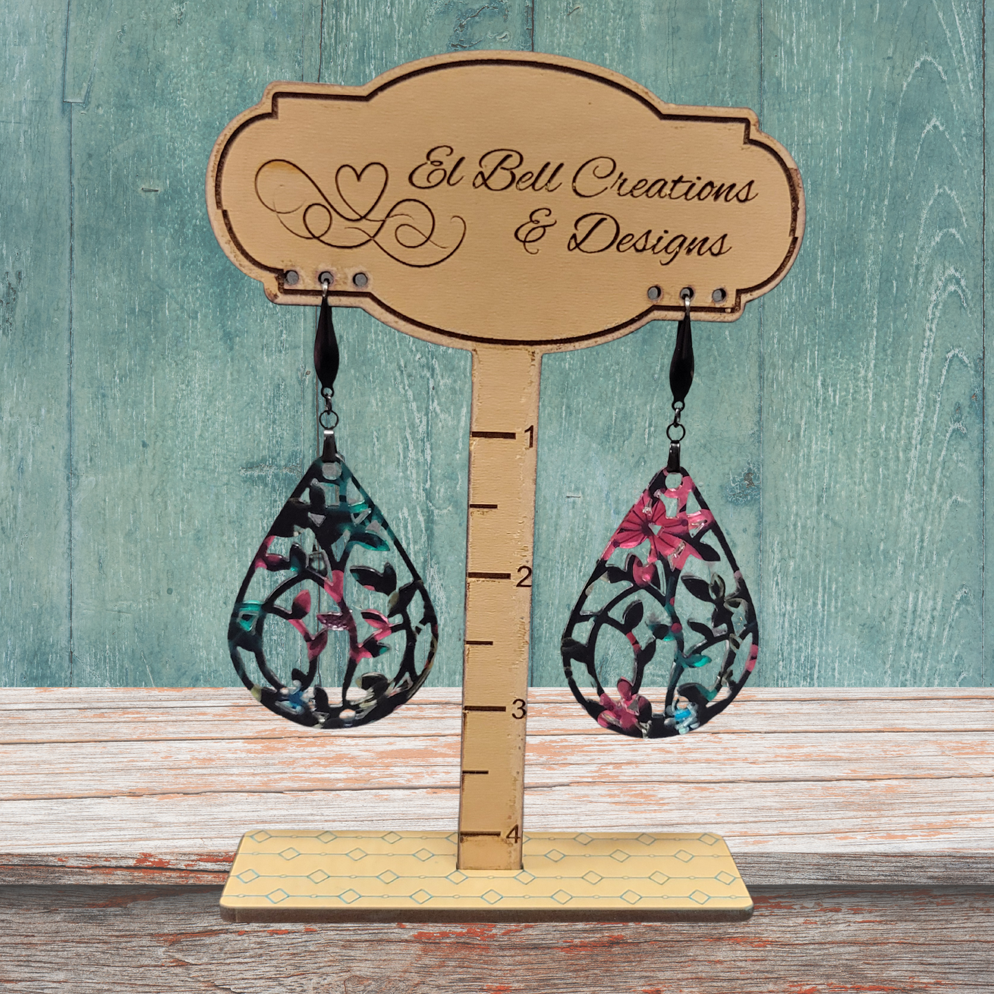 Large black with flower Earrings