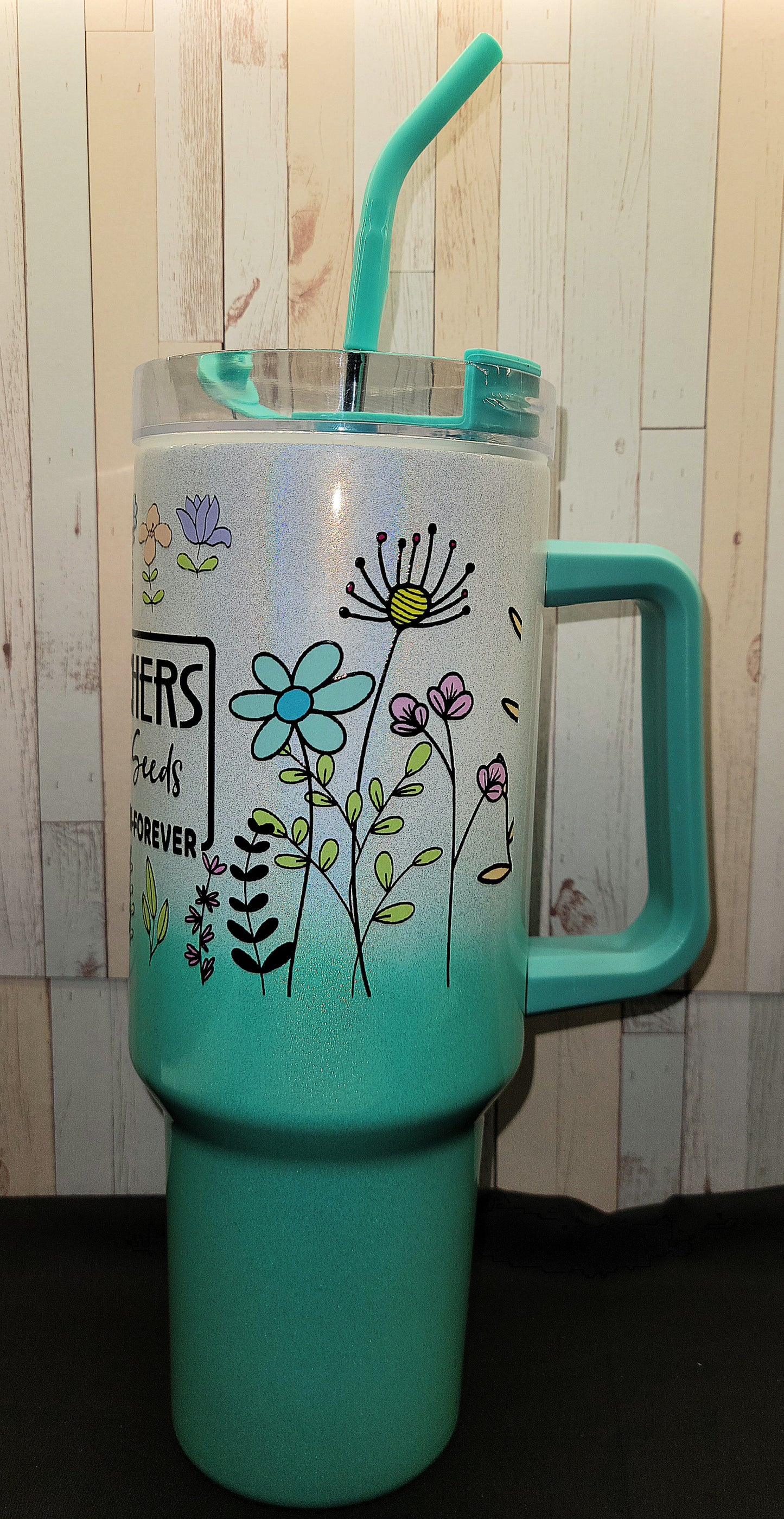 40 oz Holographic Teal Ombre Tumbler- Teacher Plant Seeds