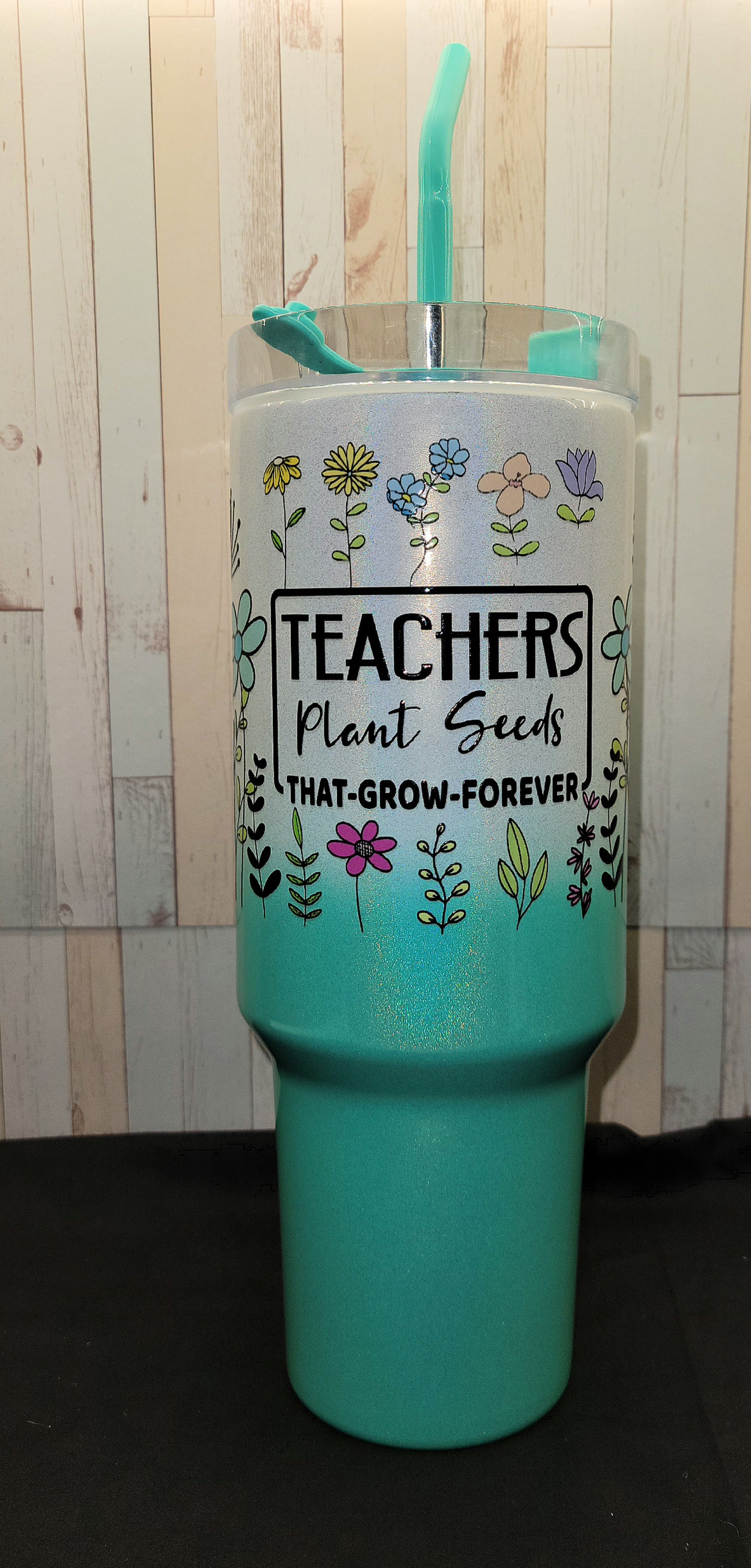 40 oz Holographic Teal Ombre Tumbler- Teacher Plant Seeds