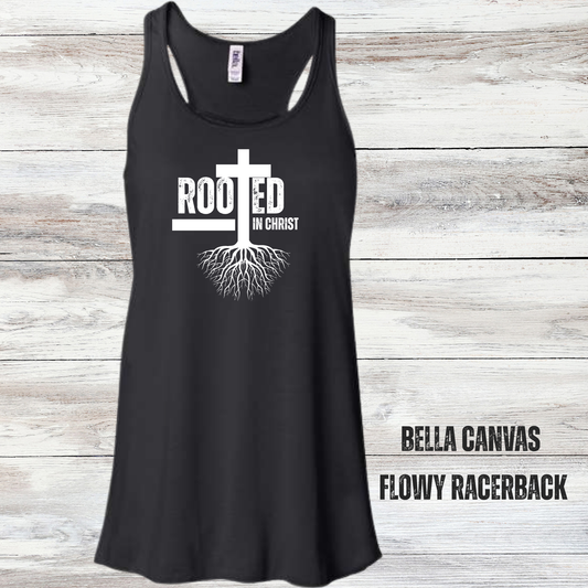 Rooted in Christ----Women's Bella Canvas Flowy Racerback Tank