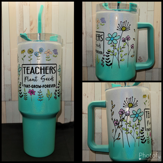 40 oz Holographic Teal Ombre Tumbler- Teacher Plant Seeds